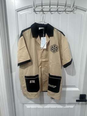 SnowDay 'Snow Fuckin' Day' Tan & Black Bowling Shirt Size M